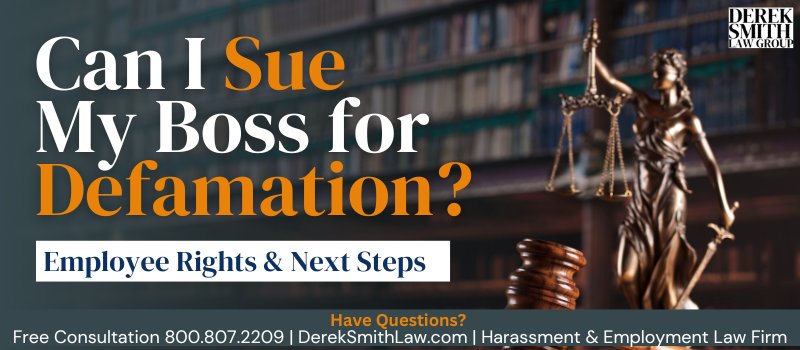 Professional consulting with an experienced employment lawyer about workplace defamation. Blog banner featuring the Lady Justice statue, employment law books, and contact information for Derek Smith Law Group, PLLC, specializing in sexual harassment and employment law. Protect your reputation with help from a social media defamation lawyer.