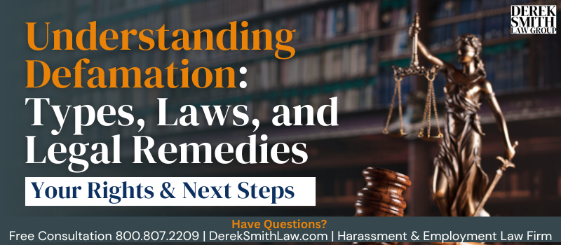 Professional consulting with an experienced employment lawyer about workplace defamation. Blog banner featuring the Lady Justice statue, employment law books, and contact information for Derek Smith Law Group, PLLC, specializing in defamtion of charater, sexual harassment and employment law. Protect your reputation with help from a defamation of character lawyer.